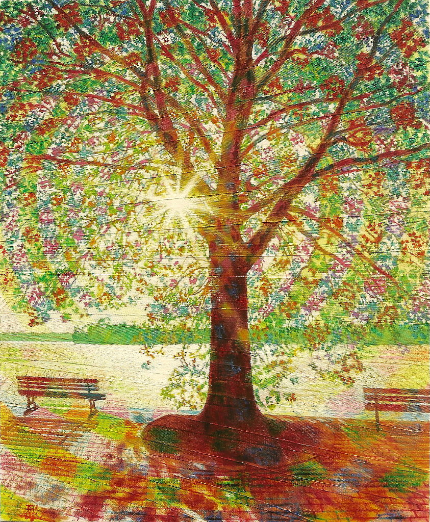  Sonne im Baum , Gemälde: Öl auf verstärkter Leinwand, 2001, 120 x 100 cm; sonnige Uferszenerie am Tegeler See in Berlin.
Verkauft...