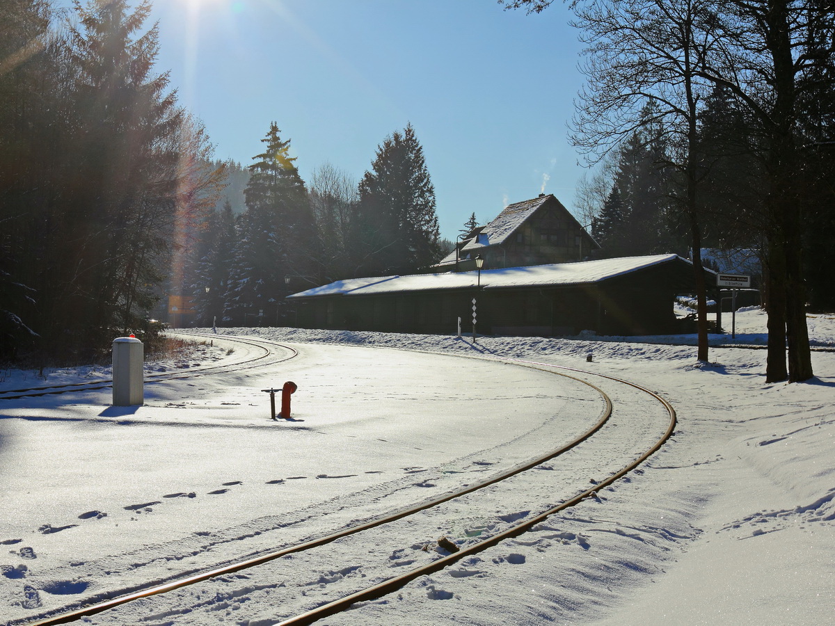 Sonnenschein und Schnee am 22. Januar 2017 im Bereich des Bahnhofes Alexisbad. 