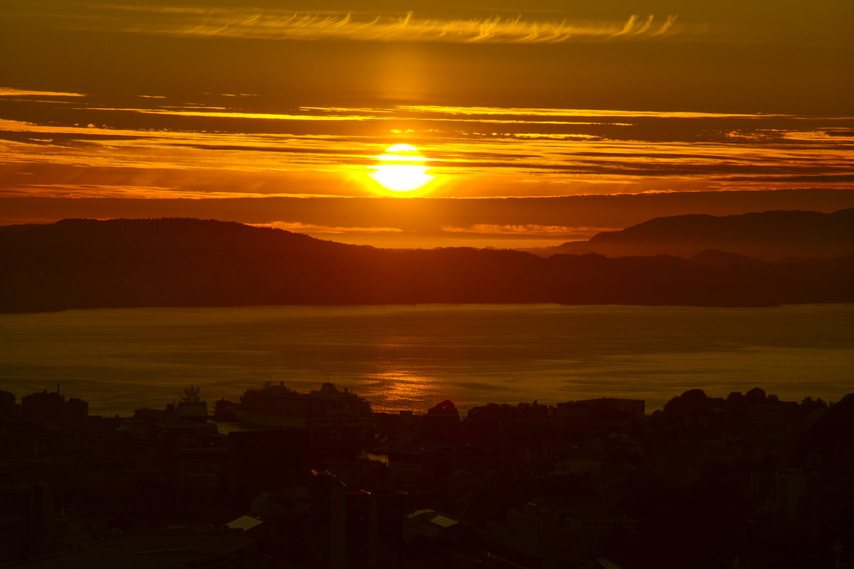 Sonnenuntergang vom Montana (südöstlich von Bergen) aus gesehen. Aufnahme: 11. Juli 2018.