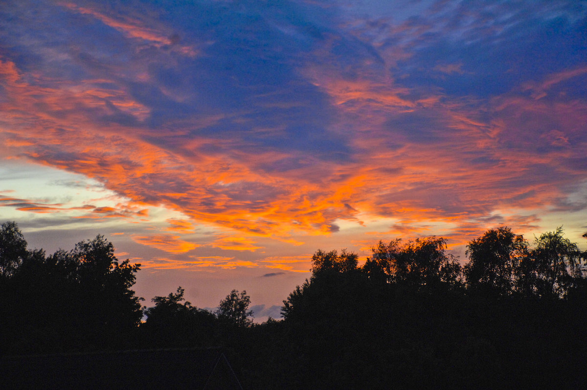 Sonnenuntergang über das Naturschutzgebiet Stiftungsland Schäferhaus bei Flensburg. Aufnahme: 15. Juni 2017.