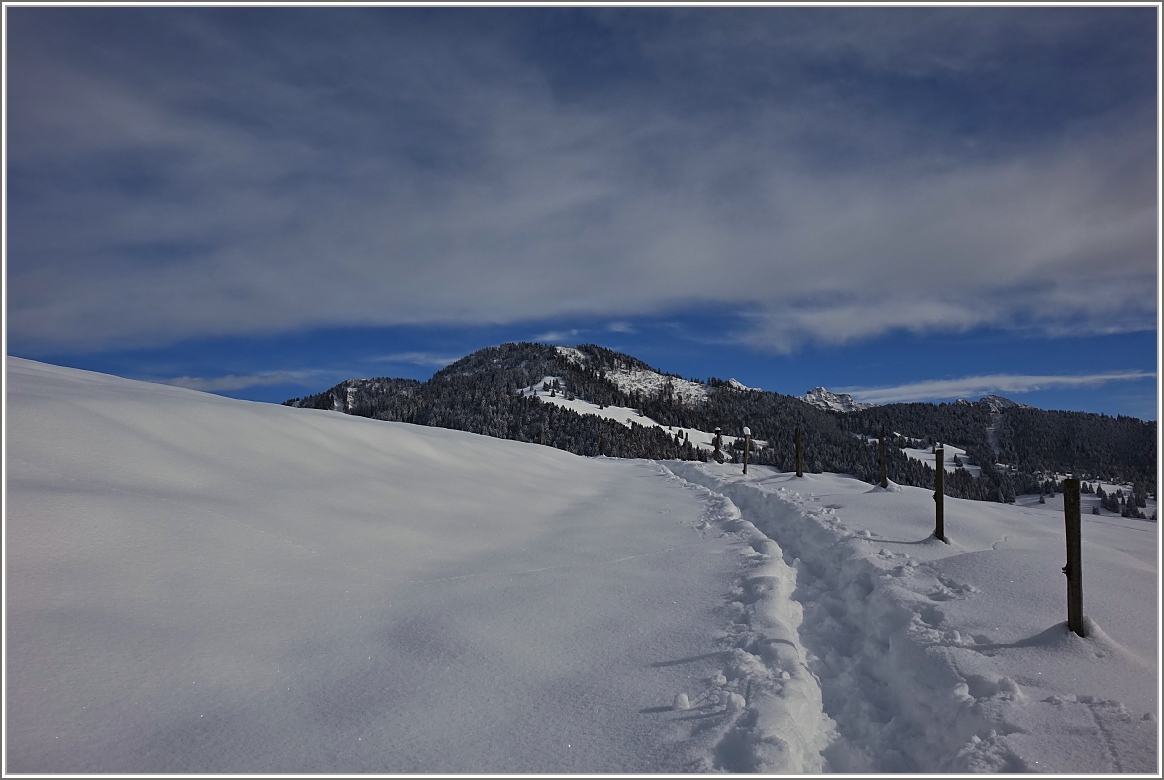 Spuren im Schnee weisen den Weg auf dem Les Pleiadés.
(21.01.2015)