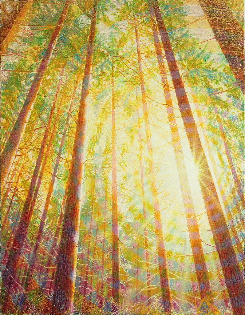  Strahlender Sonnenaufgang , Öl auf überklebter Leinwand, 2000, 155 x 120 cm; Sonne in Kiefernwald der Schorfheide