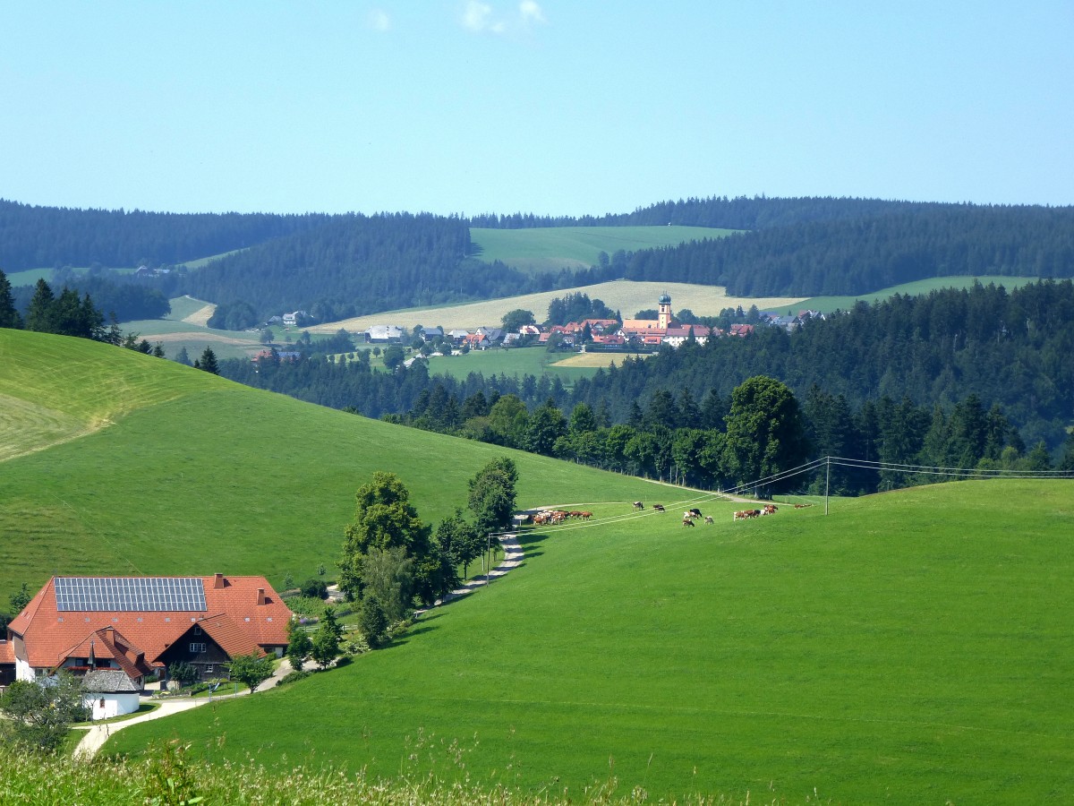 Teleblick vom Ortsteil Thurner auf St.Mrgen mit der weithin sichtbaren Wallfahrtskirche, Juni 2015