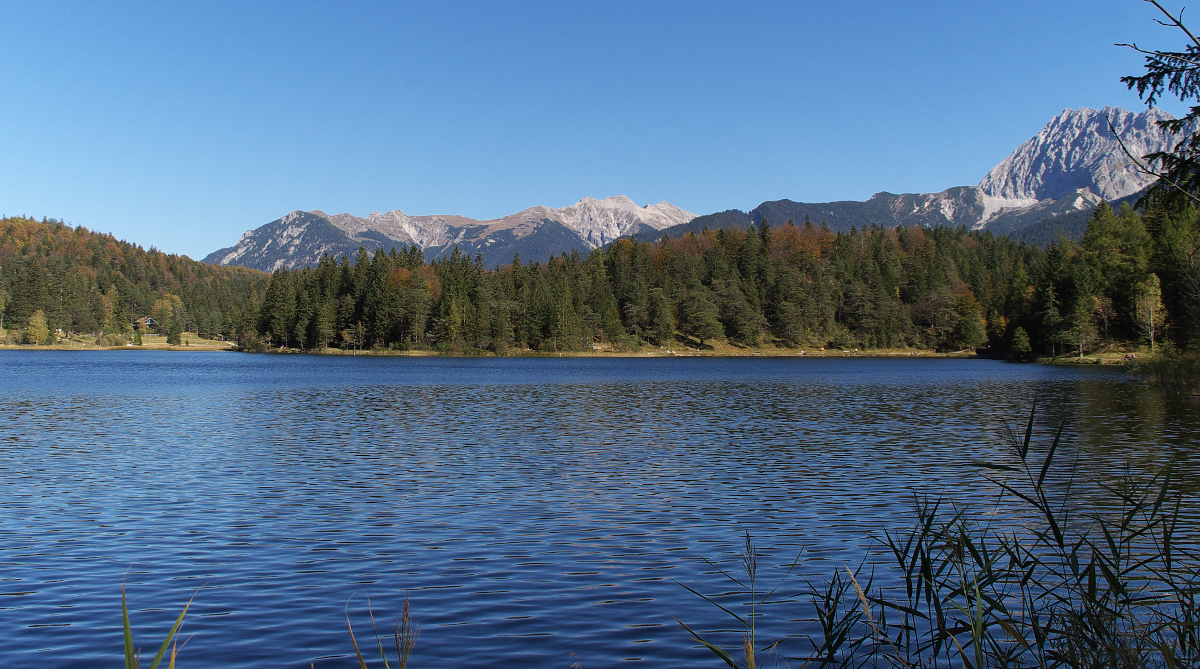 Um den Lautersee - Ein herrlicher Herbsttag lud uns am 09.10.2014 zum Wandern ein.
Von der Gröbl Alm in Mittenwald ging es am Kranzberg vorbei zum Lautersee. Bei der Umrundung bietet sich dieser schöne Blick über den See zum Karwendel und der Soiern Gruppe.