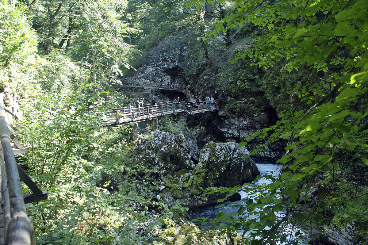 Wanderweg in der Vintgar-Klamm (slowenisch: Blejski Vintgar). Aufnahme: 2. August 2016.