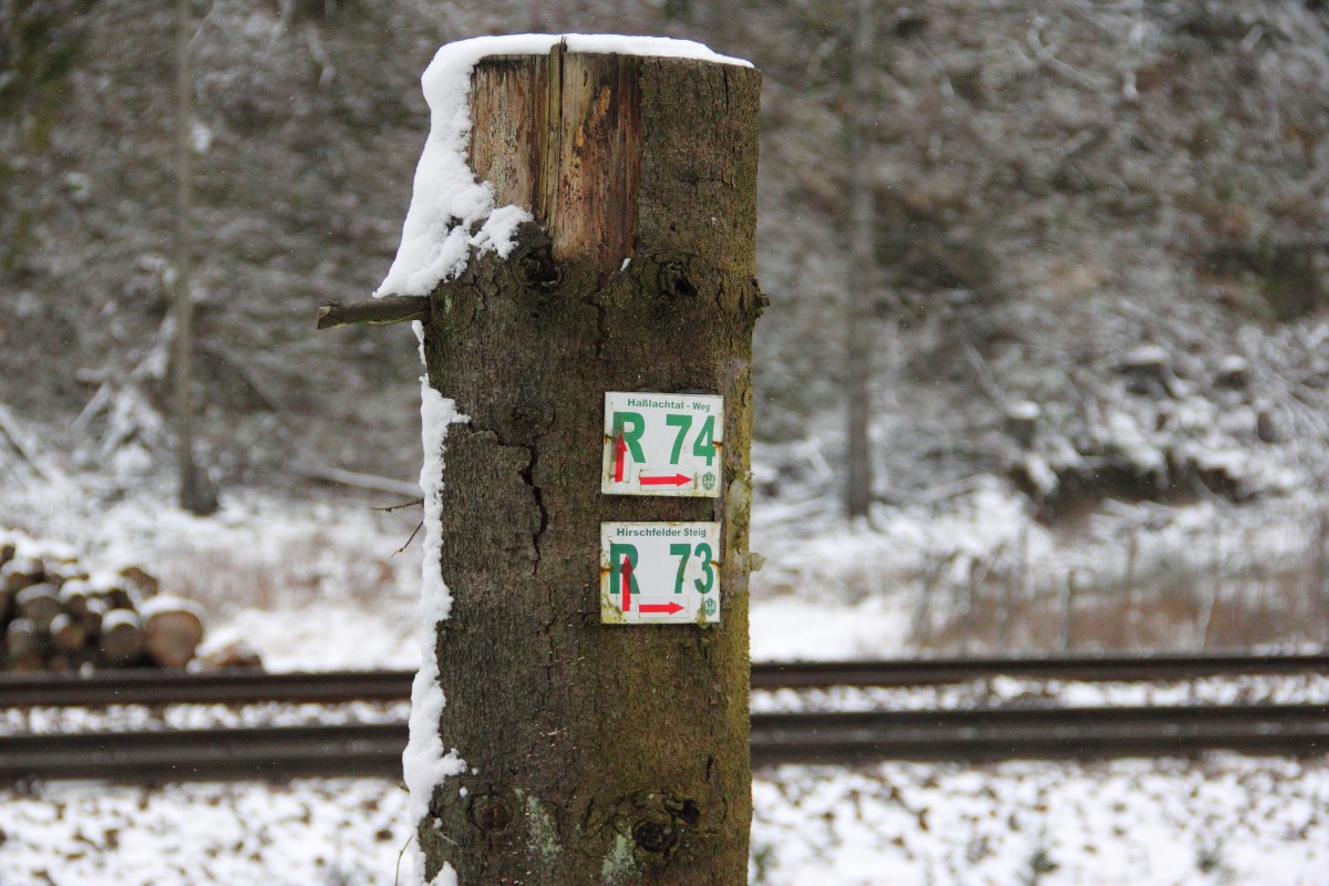 Wegweiser für Wanderwege im Frankenwald bei Förtschendorf am 23.01.2015.