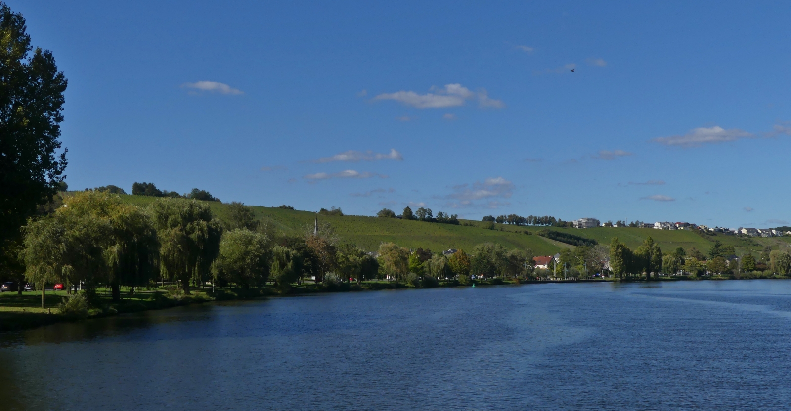 Blick über die Mosel nahe Bech-Kleinmacher in Richtung Remich, bei einer Bootsrundfahrt. 09.2023