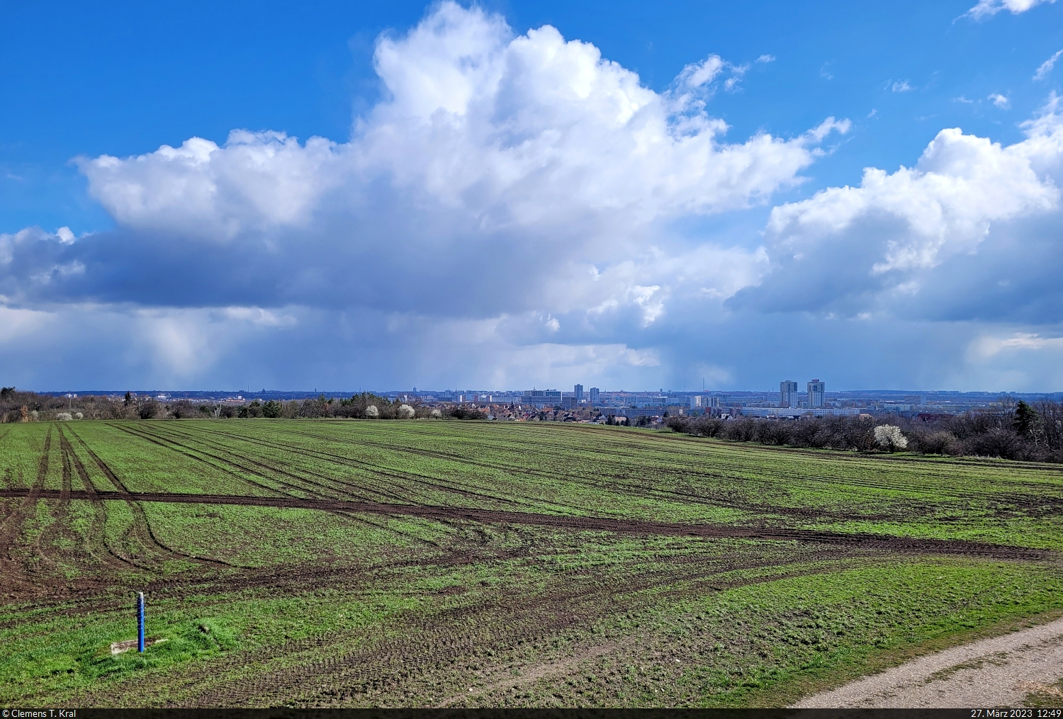 Die Skyline von Halle (Saale) mit mächtiger Wolkenformation an diesem sehr aprilhaften letzten Montag im März. Gesehen am Granauer Berg westlich von Halle-Nietleben.

🕓 27.3.2023 | 12:49 Uhr