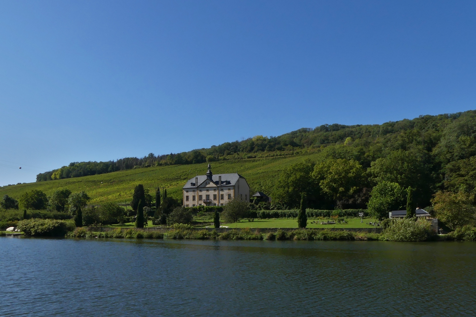 Schiffrundfahrt auf der Mosel, blick auf der franzsischen Seite der Grenze auf die Weinberge. 24.09.2023