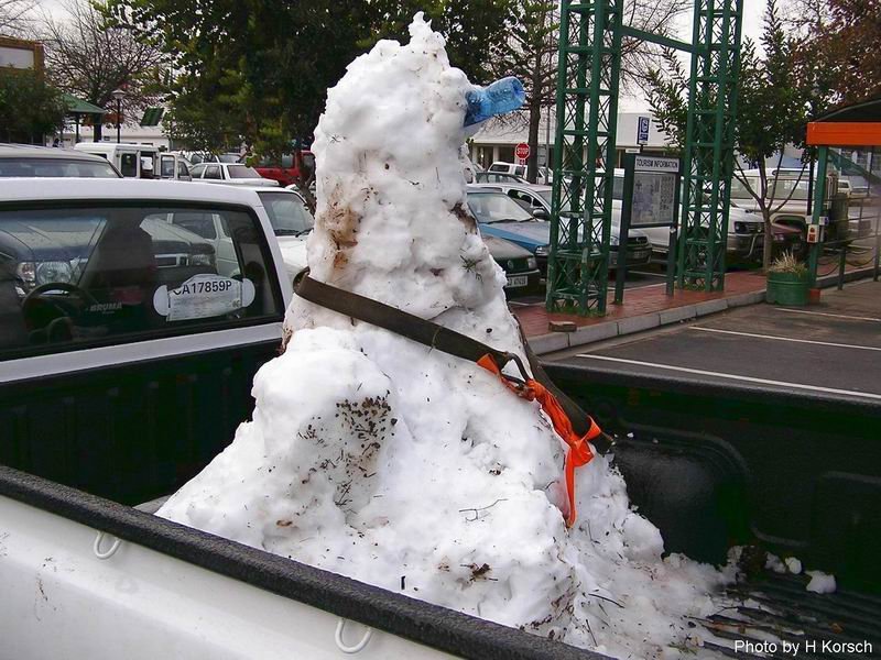 Auch das gibt es in Sd Afrika. Traditioneller Schneeman auf Klein Lastwagen bei Ceres, 100 km von Kapstadt Juli 2006