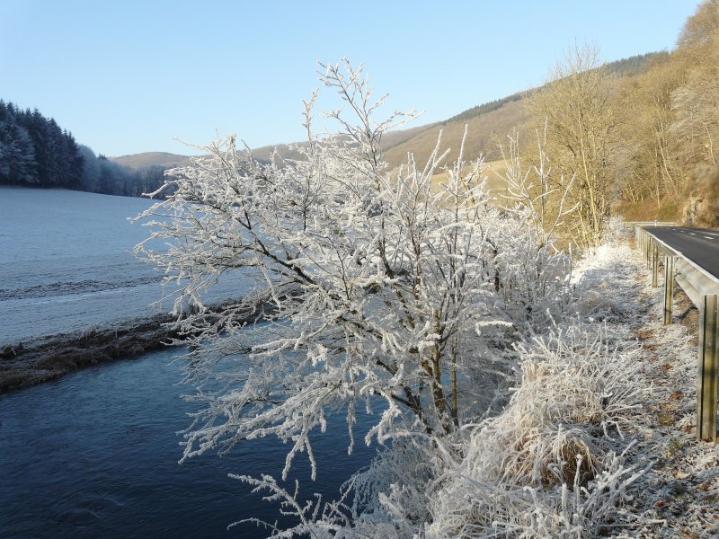 Auf diesem Bild sieht man sehr schn die Grenze zwischen der sonnigeren Seite und der Schattenseite des Sauertals bei Bockholtz (Luxemburg) am 23.12.07.