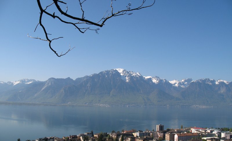 Ausblick von Chtelard, oberhalb Montreux,
ber den Genfer See auf den Grammont(2127 M..M).
