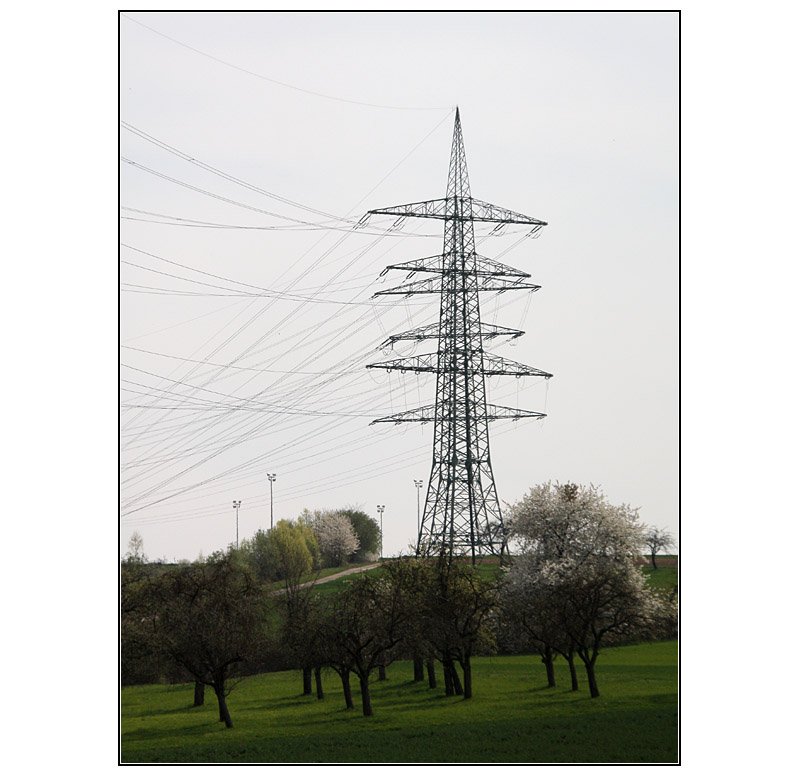 Das Hochspannungsmasten-Paar hintereinander liegend. Bei Vaihingen (Enz). 

12.04.2009 (M)