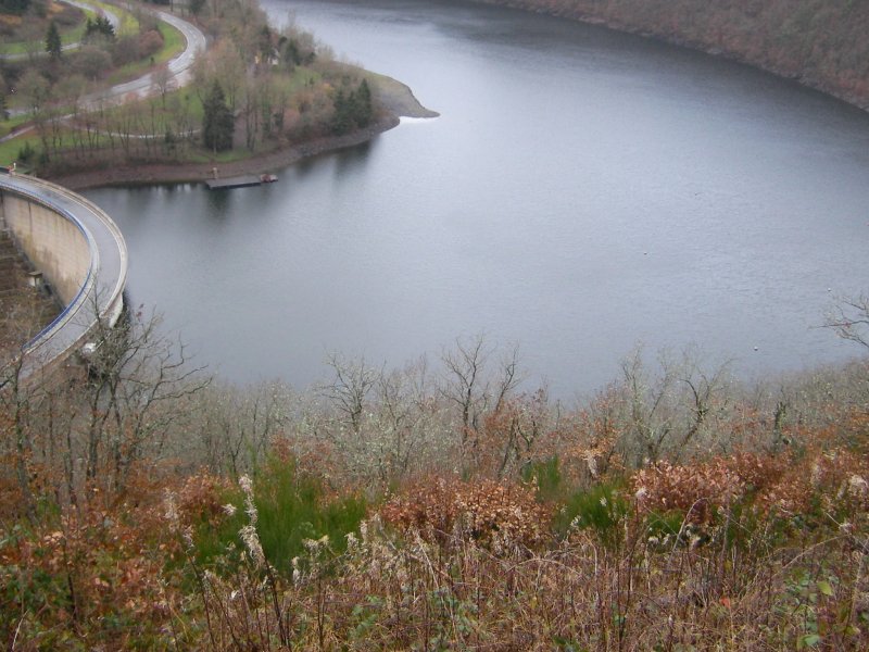 Die Talsperre bei Esch-sur-Sre ist 48 Meter hoch, hat eine Wandstrke von 4,50 Meter am Fu und 1.50 Meter an der Dammkrone. Sie hlt den Druck von 62 Millionen Kubikmeter Wasser im Obersauer-Stausee stand. Das Foto entstand in der Nhe von Kaundorf am 09.12.07. 