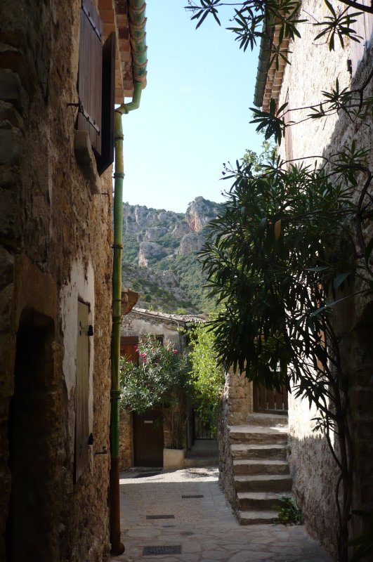 Diese Aufnahme entstand in Saint-Guilhem-le-Dsert, eine Ortschaft im Norden Montpelliers. Man kann hier, wie auch dieses Bild zeigt, neben den kleinen, aber feinen Geschften, sowie der Architektur, kleine Wege und Gassen auffinden. Dieses Bild verdeutlicht einen Blick auf den pic de loup und auch auf eine weitere Auffligkeit, nmlich eine grne Regen/Dachrinne aus Keramik. Die Region und Umgebung bietet viel sehenswertes und ist so gesehen nicht umsonst als eine der schnsten Gemeinden Frankreichs klassifiziert worden!
(10.08.09)
 