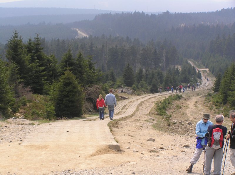 Dieses Foto zeigt den  Neuen Goetheweg  von Torfhaus bzw. Schierke. Genauer Standort ist am Bahnparallelweg knappe 3 Kilometer vorm Brocken. Ab hier geht man ber unwegsames Gelnde ber Holzstege und hohe Steine 1,4 Kilometer entlang der Bahnschiene (wo nur dampflokbetriebene Zge zum Brocken fahren) bis zur festen Strae. Fr Kinderwagen sehr ungeeignet und fr Fahrradfahrer Nervensache, da man das Fahrrad stndig tragen muss. brigens fahren die Dampfloks zwischen April und Oktober alle 45 Minuten zum Brocken, im Winterbetrieb alle 90 Minuten glaube ich.  