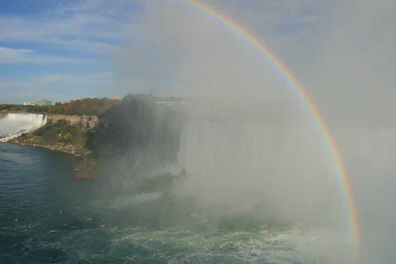 Ein Regenbogen bildet sich in der Gischt des Horseshoefall.