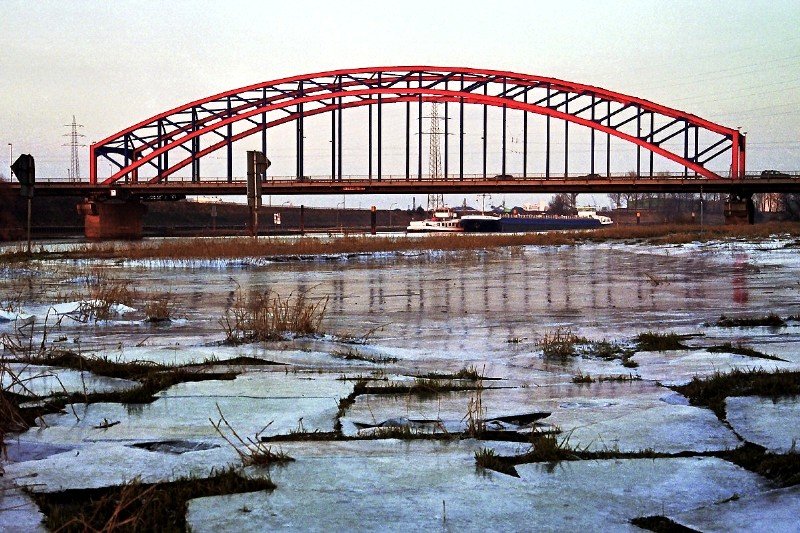 Eisschollen auf den Duisburger Ruhrwiesen (11. Januar 2003). Zu Jahresbeginn 2003 fhrte der Rhein starkes Hochwasser, das auch die mndungsnahen Ruhrwiesen berflutete. Es fror, und es bildete sich eine Eisdecke. Beim Rckgang des Hochwassers blieb bei anhaltendem Frost das Eis auf den Wiesen liegen. 