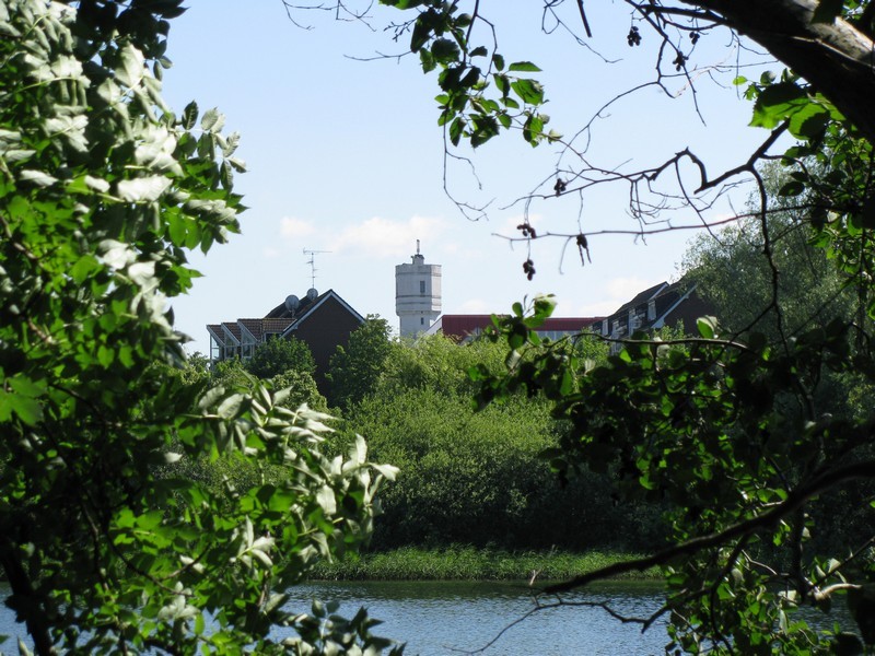 Grevesmhlen, Blick ber den Ploggensee, Richtung Sden zur Wohnsiedlung am Poststeig und dem Wasserturm an der Wismarschen Strae, Frhjahr 2009