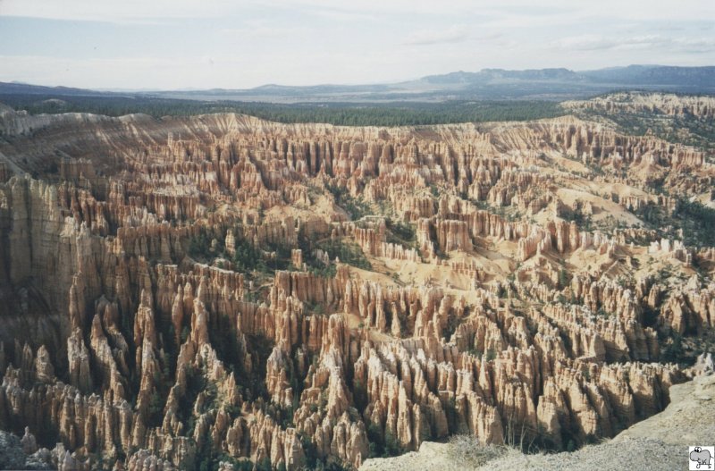 Im Sden des US Bundesstaates Utah liegt einer der wohl beeindruckensten Canyons dieser Erde: Der Bryce Canyon. Benannt nach den Siedler Ebenezer Bryce, welcher 1875 in das Paria Valley kam um Holzwirtschaft zu betreiben. Seine Nachbarn nannten den hinter seinen Haus gelegenen Canyon Bryce's Canyon. Tausende durch Erosion bearbeitete Sandsteine, genannt Hoodoos, scheinen aus der Erde zu wachsen und bilden einen atemberaubenden Blick auf diesen sagenhaften Canyon. Am 10. September 2002 besuchten wir auf unserer USA Rundreise von bzw. nach San Francisco in Kalifornien den Bryce Canyon im sdlichen Utah. Das Bild zeigt das  Bryce Amphitheater  vom Bryce Point aus fotografiert.