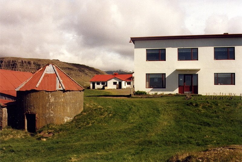 Jugendherberge Vagnsstadir (rechts) mit Bauernhof 50 km westlich von Hfn an der Sdkste im Juni 1997, dieser Herbergsvater und Bauer hat noch einen dritten Beruf: Ausflugsfahrten mit dem Jeep auf dem Vatnajkull-Gletscher.