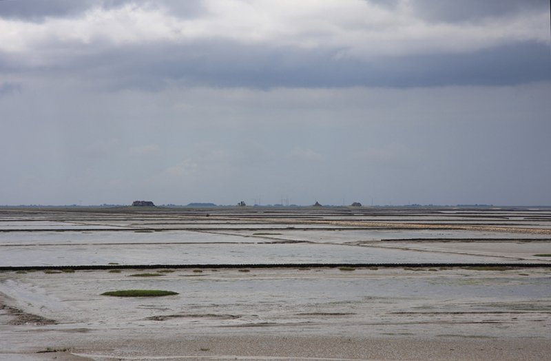 Lttmoorsiel - 14.06.2008 - Blick vom Deich zur Hallig Nordstrandischmoor mit den 4 Warften und im Hintergrund die Insel Pellworm. Im Watt erkennbar die Lebensader zur Hallig, der Damm der Lorenbahn und auf ihm eine Lore, unser Taxi.