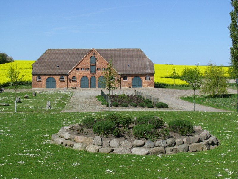 Nordwestmecklenburg, Pferdestall, der auch als Kulturscheune genutzt wird im Frhjahr zur Rapsblte, Elmenhorst 08.05.2008
