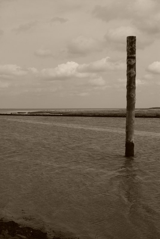 Ostfriesland-Schwarzweiss Impressionen: Einsamer Dalben in der Weite des Wattenmeers bei Bensersiel