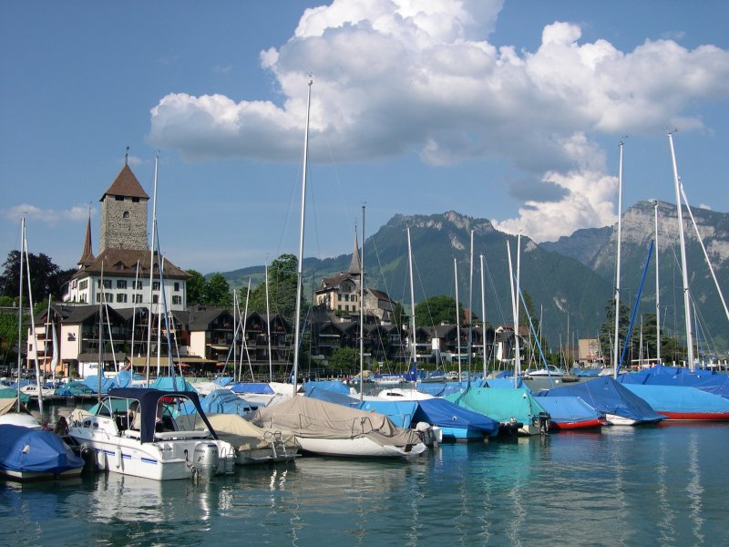 Spiez am Thuner See mit Hafen, Schlo und Schlokirche. Im Hintergrund links das Sigriswiler Rothorn und rechts das Niederhorn.