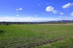 Blick vom Marchhügel in der Rheinebene Richtung Westen, im Vordergrund der Ort March-Neuershausen, rechts der Kaiserstuhl, am Horizont die Vogesen, Feb.2024