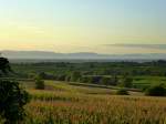 Blick vom Markgrflerland bei Britzingen ber die Rheinebene im Abendlicht, am Horizont die Vogesen, Aug.2015