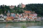 Blick ber den Neckar zum historischen Ortskern von Hirschhorn mit dem Schlo Hirschhorn; 06.07.2008