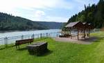 Nagoldtalsperre, Blick auf den Stausee mit dem Informationsstand, Mai 2017