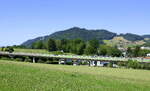 Blick von den Siensbacher Höhen im Elztal, links die Kastelburg bei Waldkirch, rechts die Häuser gehören zu Kollnau, im Vordergrund die Talbrücke der B294, Juli 2022