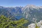 Blick auf Königssee und das Watzmann-Massiv vom Jenner aus gesehen. 
Aufnahme: Juli 2008.