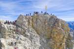 Blick auf Zugspitze von der Terrasse. Aufnahme: August 2008. Die Zugspitze ist mit 2962 Meter der höchste Berggipfel der Bundesrepublik Deutschland