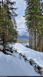 Den Eibsee im Blick – bei einer Wanderung durch frischen Schnee zur Hochthörlehütte.