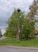 Nicht unbedingt typisch fr den Spreewald, das Strochennest neben der ehemaligen Spreewaldbahntrasse (links daneben) am ehemaligen Bahnhof Neu Zauche.