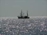 Krabbenkutter vor Borkum, mit Blick zum Festland.