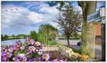 Blick von der Harle-Brücke über den dort platzierten Blumenkübel. Flusslandschaft bei Altfunnixsiel im Wangerland. Mai 2024