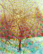  Sonnenbäume , Gemälde: Vor Sonnenuntergang im Lückner/Saarland; Öl auf verstärkter Leinwand, 1999, 90 x 120 cm; bitte unbedingt auch mit Abstand betrachten (ca.