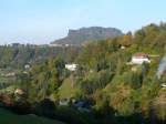 Blick von den linkselbischen Höhen bei Königstein zum Lilienstein auf der rechten Seite der Elbe; Elbsandsteingebirge (Sächsische Schweiz), 18.10.2010    