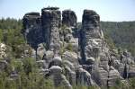 Aussicht von der Basteibrücke im Nationalpark Sächsische Schweiz.

Aufnahmedatum: 7. Juni 2014.