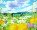  Ein Stück Wiesenfreiheit (Blumen-Berge-Wolken-Licht) , Gemälde: Öl, Ölpastell auf Baumwolle, 2019, 130 x 160 cm; Blick vom Ostharz in der Nähe des Hexenstiegs (=