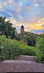 Abendspaziergang durch den Amtsgarten in Halle (Saale), wo von Weitem der Turm der Burg Giebichenstein über die Bäume ragt.