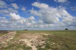 Hallig Nordstrandischmoor - 14.06.2008 - Blick von der Halligkante ber das flache Land mit Neuwarft und Amalienwarft.