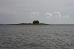 Die Warft auf Habel, mit dem einzigen Gebäude dieser Hallig, vom Postboot aus gesehen. (08.06.2012)