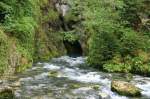 Der Doubs entspringt schon auf eine beeindruckende Art. Als Karstflu verlsste er als ziemlich groer Flu seine Quellhhle bei Mouthe. Bei Pontarlier versickern groe Mengen seines Wassers und treten in der Karstquelle der Loun wieder ans Tageslicht. Obwohl der Doubs 453 km lang ist, liegen durch seinen M-frmigen Verlauf die Quelle und Mndung nur 90 km voneiander entfernt. Source de Doubs am 17.08.2011