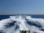 Mallorca, Fahrt mit dem Schnellboot, am Horizont die Insel Cabrera (Ziegeninsel), Mai 2012