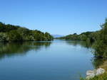 Landschaft am Rhein-Rhone-Kanal bei Mülhausen(Mulhouse) im Elsaß, am Horizont die Vogesen, Juli 2018